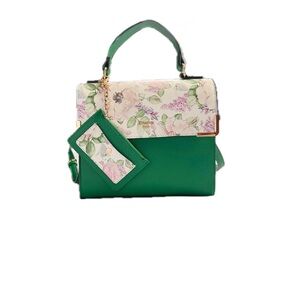 Dune Floral Top-Handle Bag White & Green Gold Hardware Card Wallet Women's Purse